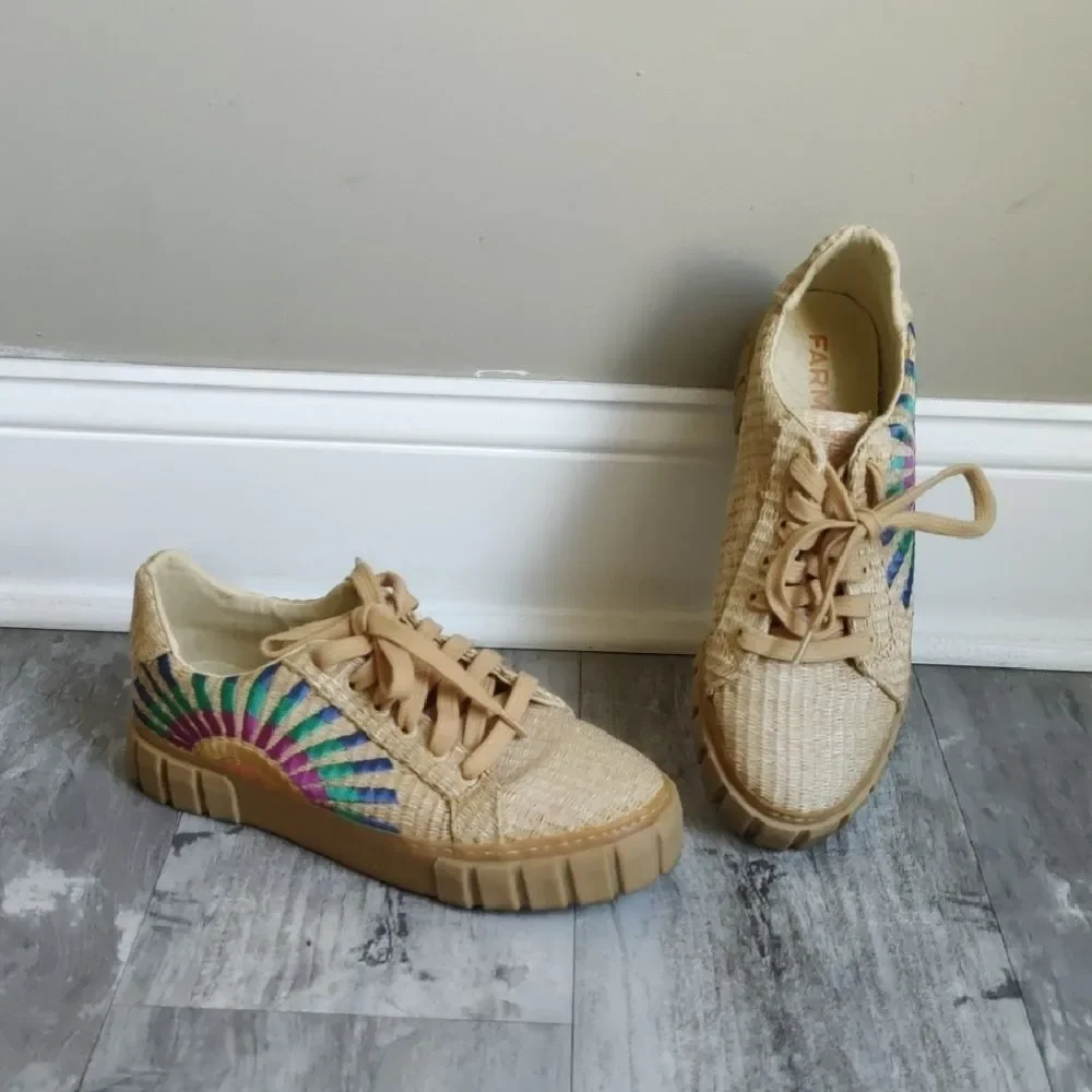 FARM Rio Natural Raffia Sneakers with Multicolor Sunburst Embroidery